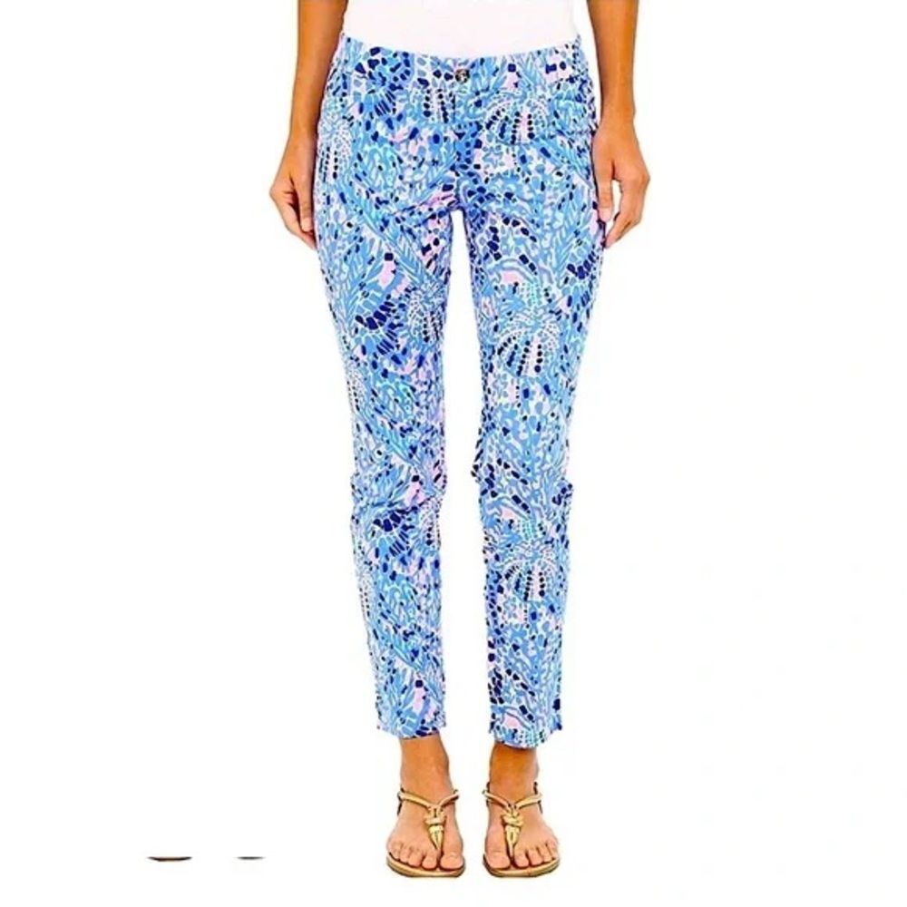 Lilly Pulitzer Kelly Skinny Ankle Pants Woman Size 10 Blue & Pink Tic Tac Tile